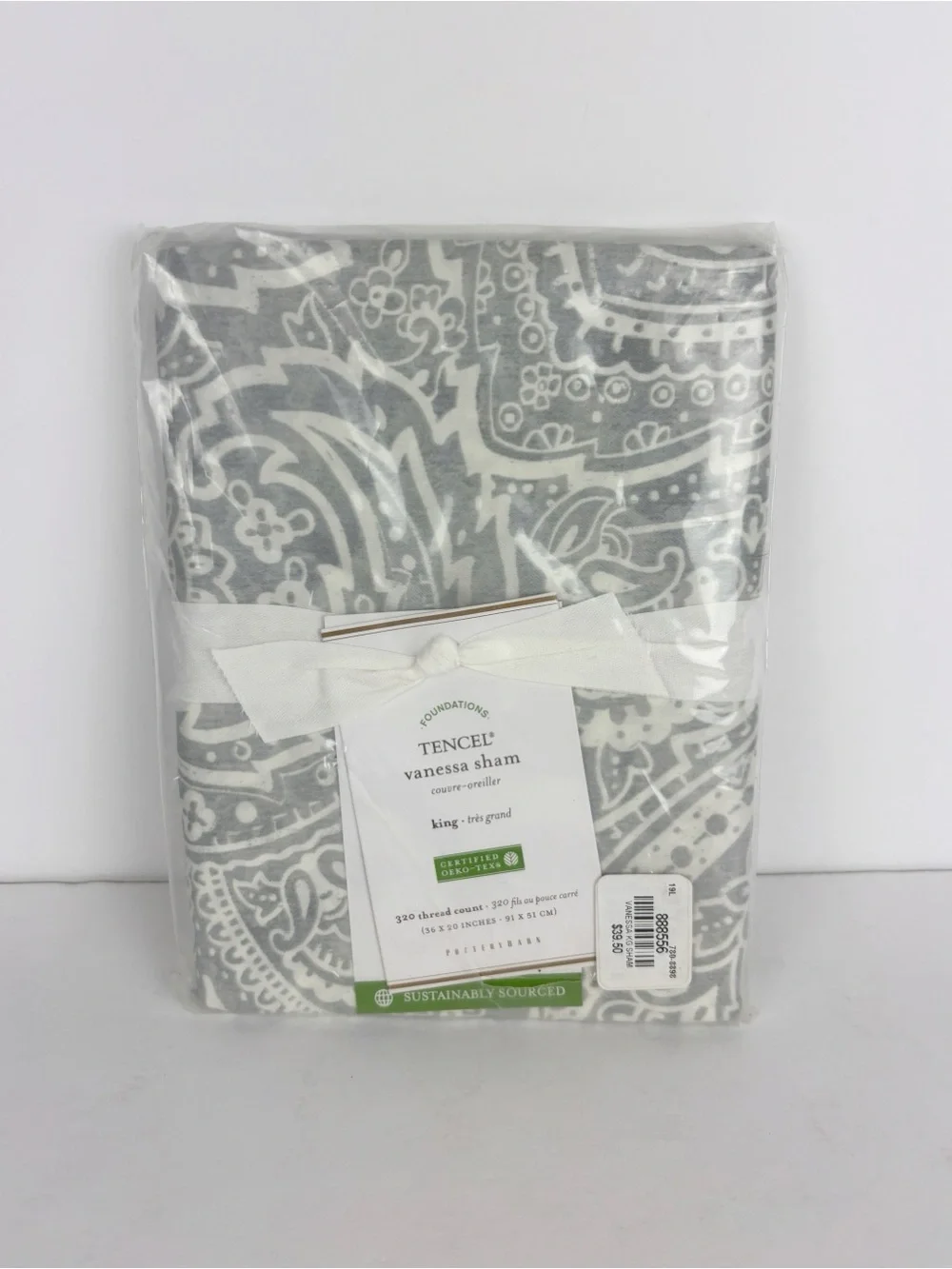 Pottery Barn Vanessa Tencel Sham King Gray White Paisley